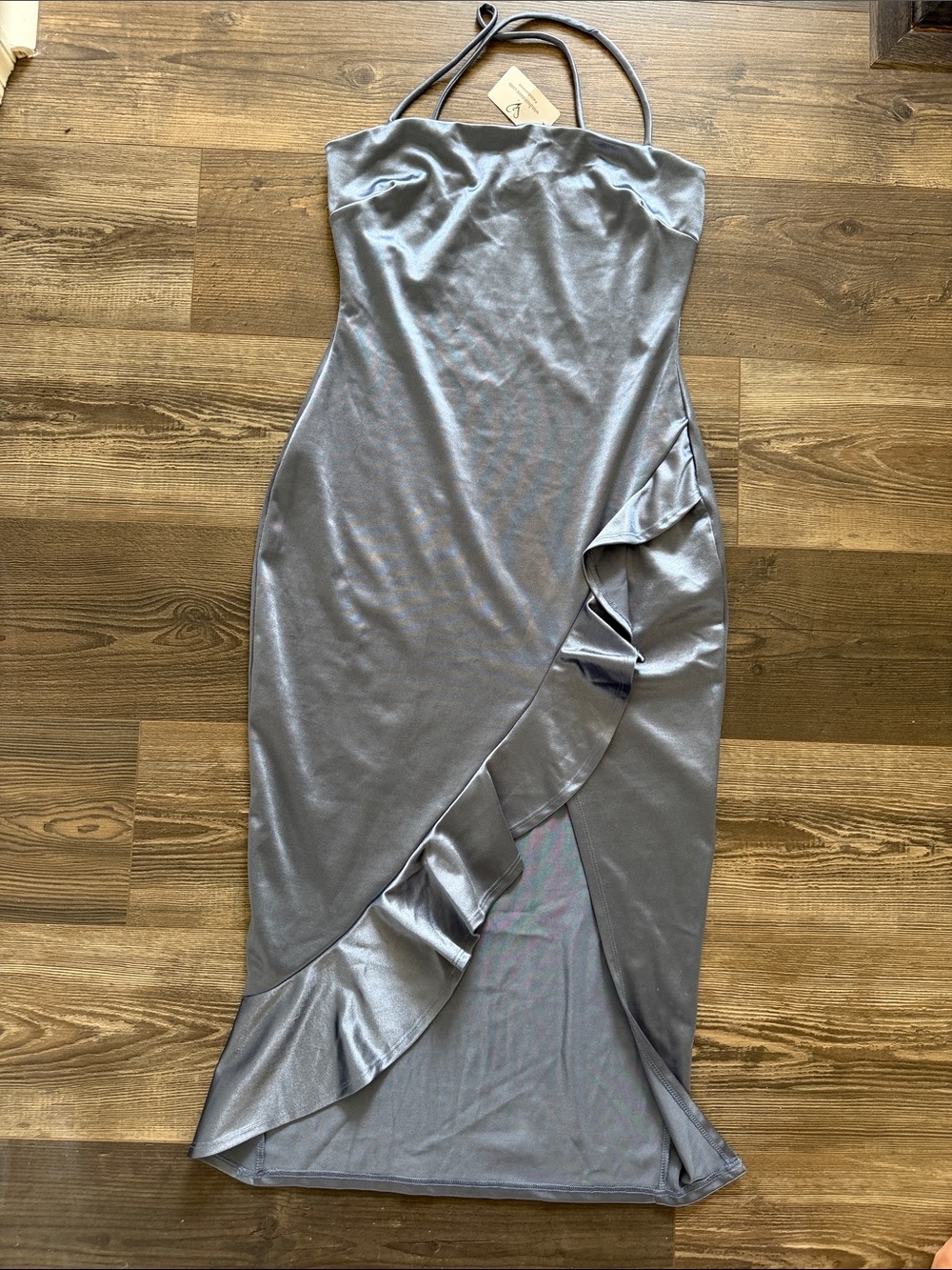 Windsor Silver Strapless Ruffle-Trim Midi Dress
